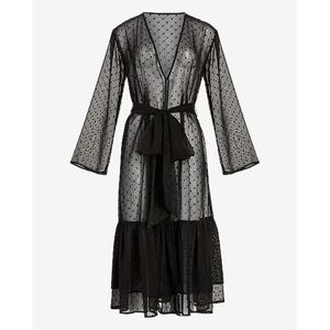 Express Black Sheer Dot Belted Kimono Duster Coverup XS/S/M